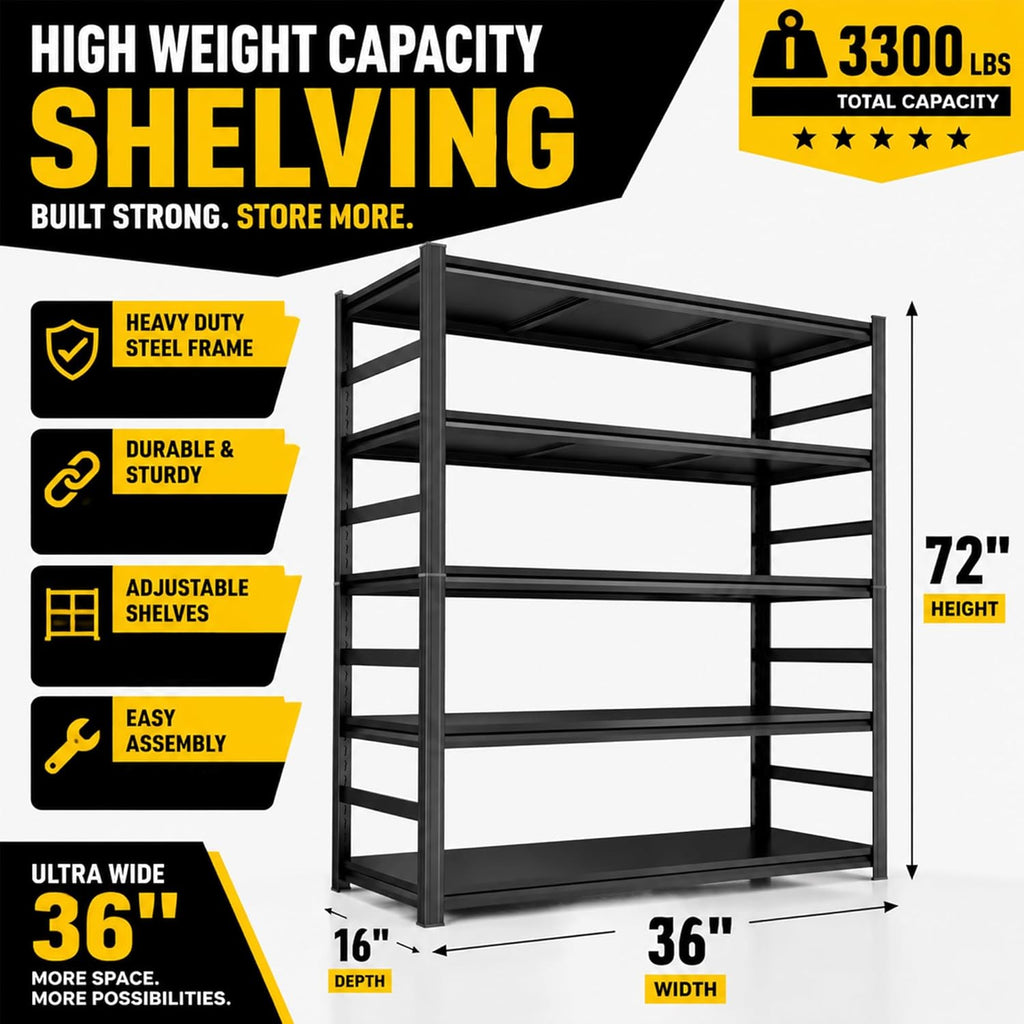 72''H Garage Shelving, 5 Tier Heavy Duty Shelving with Side Rails | 2500 lbs Capacity Garage Storage