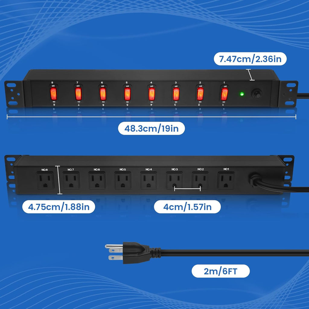 PDU Rack Mount Power Strip, Heavy Duty 12 Gauge Cord, 6FT, 1 | 8 Outlets Individual Switches, Metal, Server Mountable