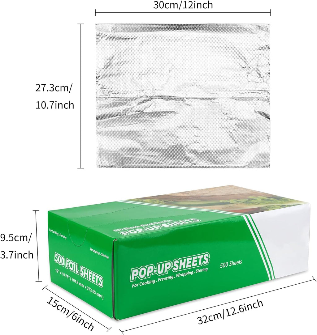 Aluminum Foil Wraps - 500 Precut Sheets, 12 x 10.75 Inch, Pop-Up Interfolded Foil for Baking, Grilling, Roasting