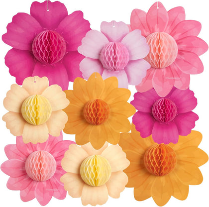 9PCS Hot Pink and Orange Party Decorations Paper Flowers Honeycomb Hanging Large Paper Flowers Pom Poms Fiesta for