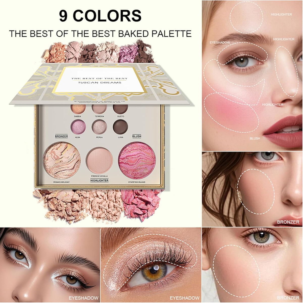 All in One Baked Makeup Face Palette, Includes 6 Eyeshadows, Bronzer, Blush, and Highlighter, Blush and Bronzer