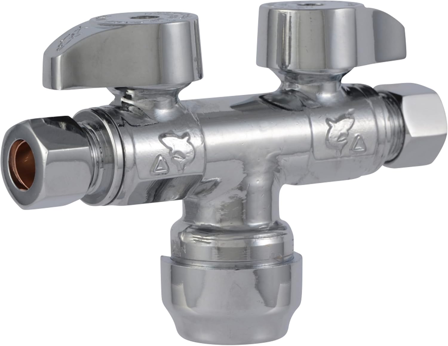 Dual Shut Off Quarter-Turn Brass Ball Valve, 1/2 Inch Push to Connect x 3/8 Inch OD Compression x 3/8 Inch OD