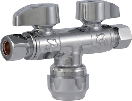 Dual Shut Off Quarter-Turn Brass Ball Valve, 1/2 Inch Push to Connect x 3/8 Inch OD Compression x 3/8 Inch OD