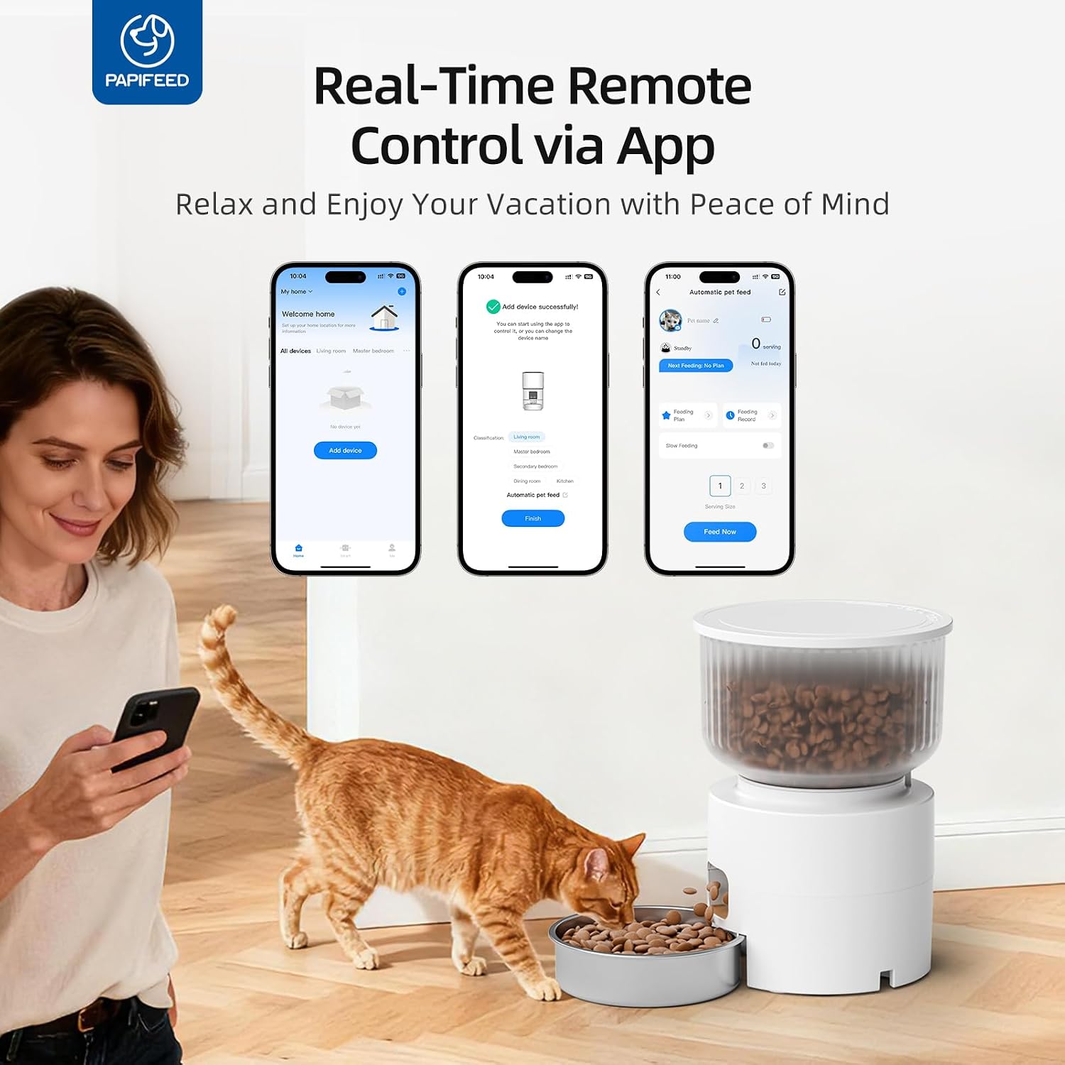Automatic Cat Feeder and Water Fountain, 3L/12 Cups 2.4G WiFi Pet Feeder with Stainless Steel Bowl, Smart APP Control