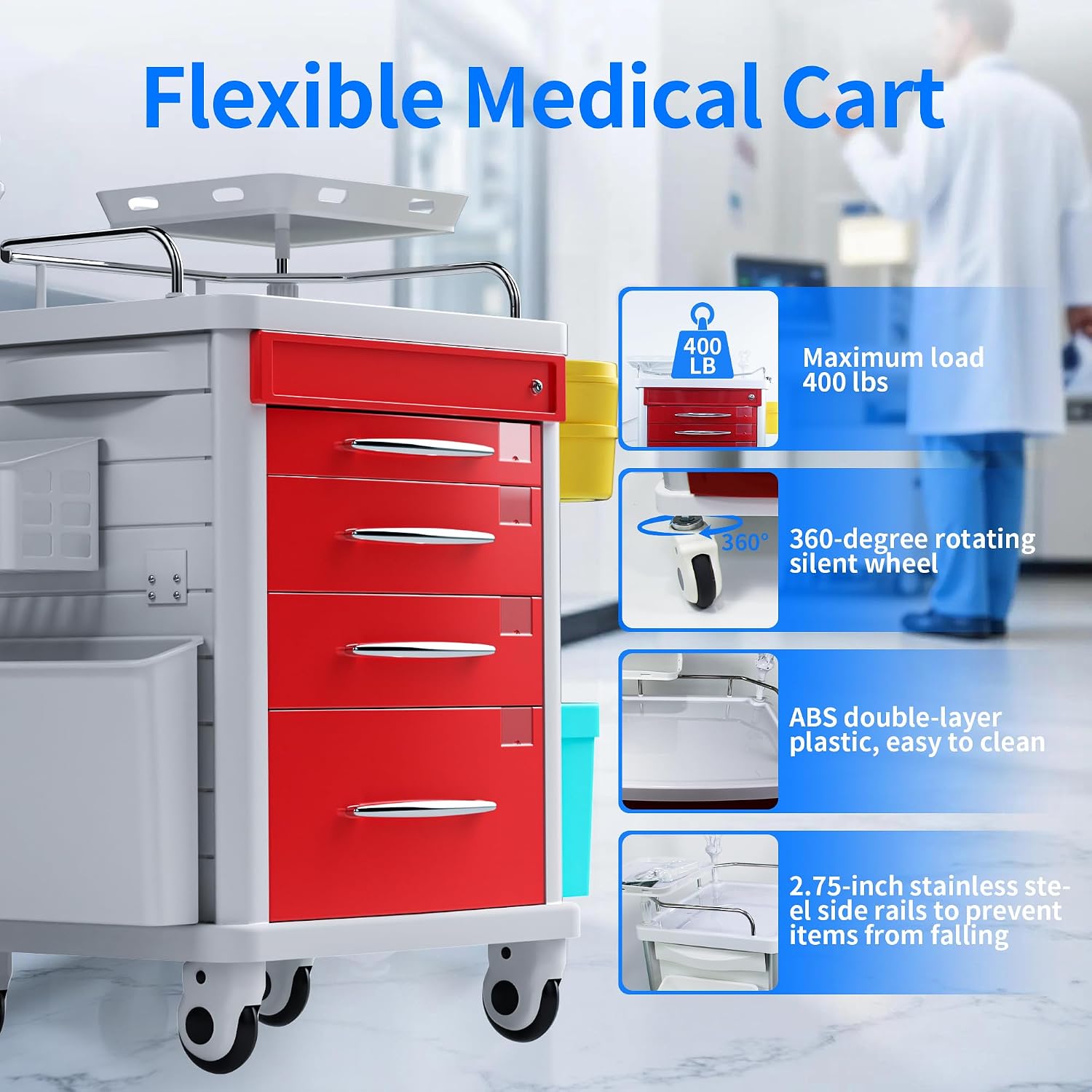 Medical Rolling Crash Cart, Mobile Medical Cart for Clinic, Hospital, Nursing Center with Integrated Medical