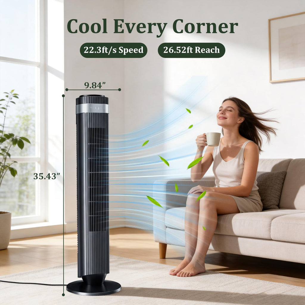 Tower Fan for Bedroom, 28dB Quiet Bladeless Oscillating Standing Fan with Remote, 5 Speeds & 4 Modes, 12H Timer, LED