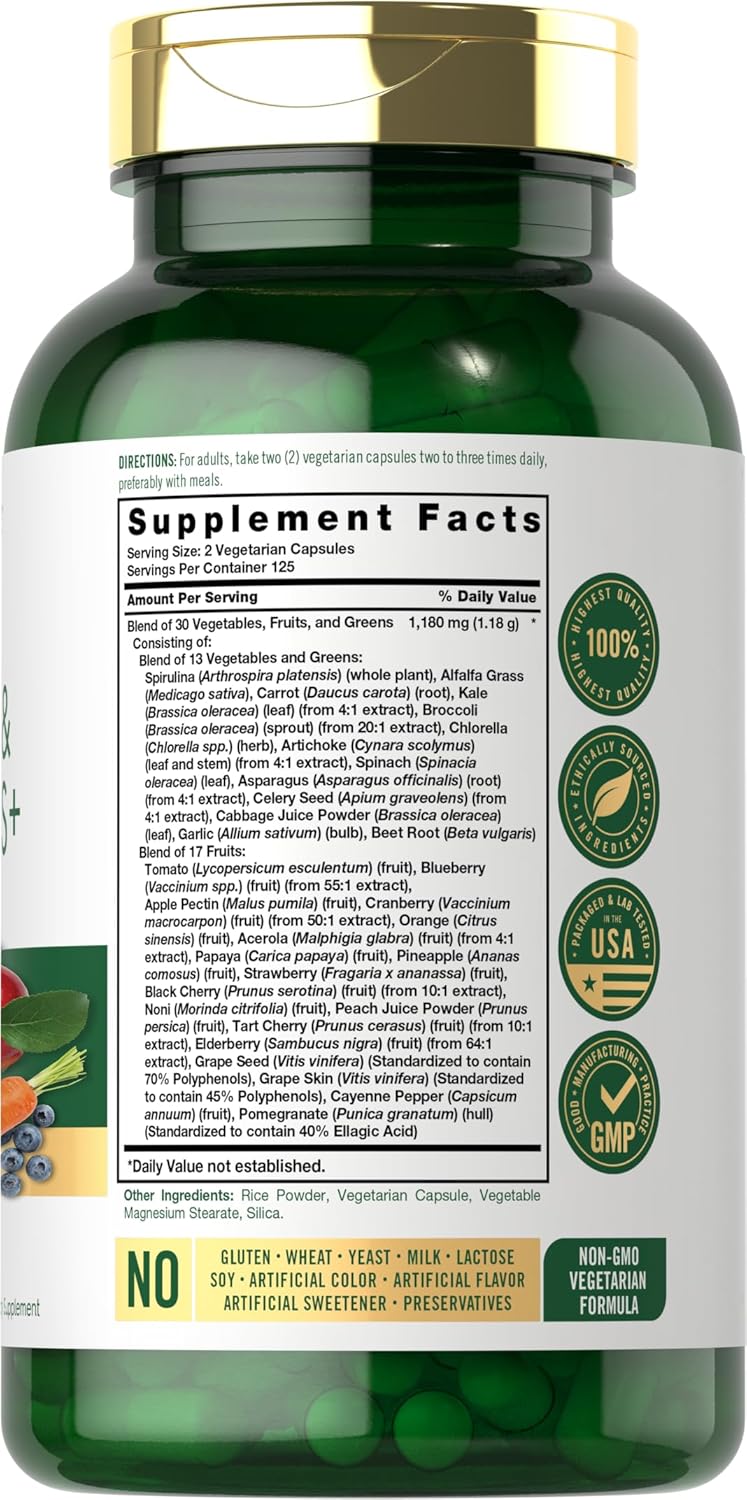 Fruits and Veggies Supplement | 250 Capsules | Made with 30 Fruits and Vegetables | Vegetarian, Non-GMO, Gluten Free