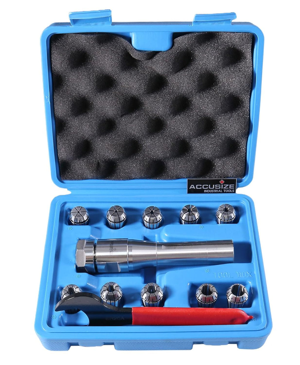 Accusize Industrial Tools 10 Pcs Er20 Collet R8 Bridgeport Shank Plus 1 Wrench in Fitted Case, 0223-0954