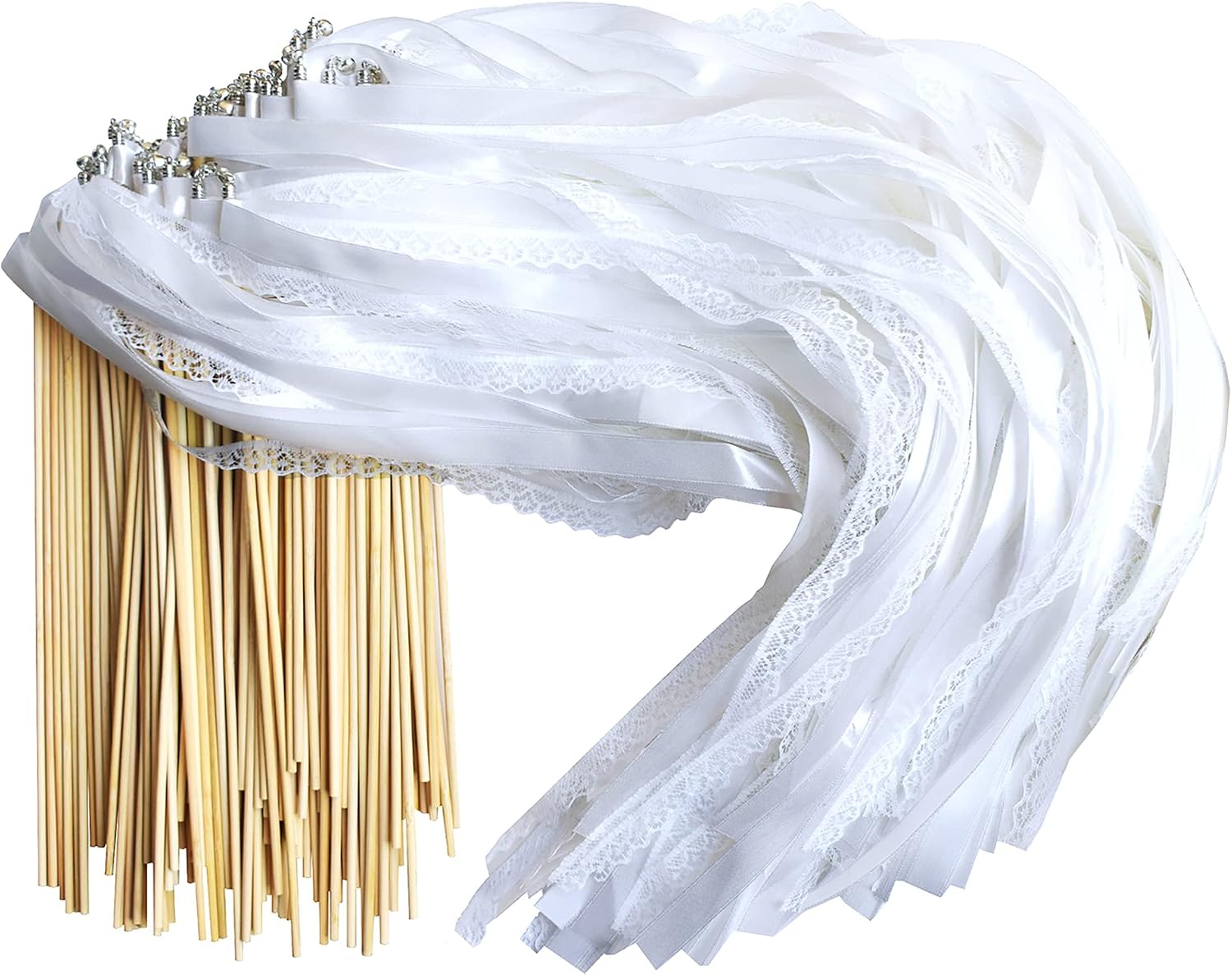 100 Pieces Lace Wedding Ribbon Wands with Triple Ribbon and Silver Bell Wand Silk Fairy Stick Wand Streamers Party