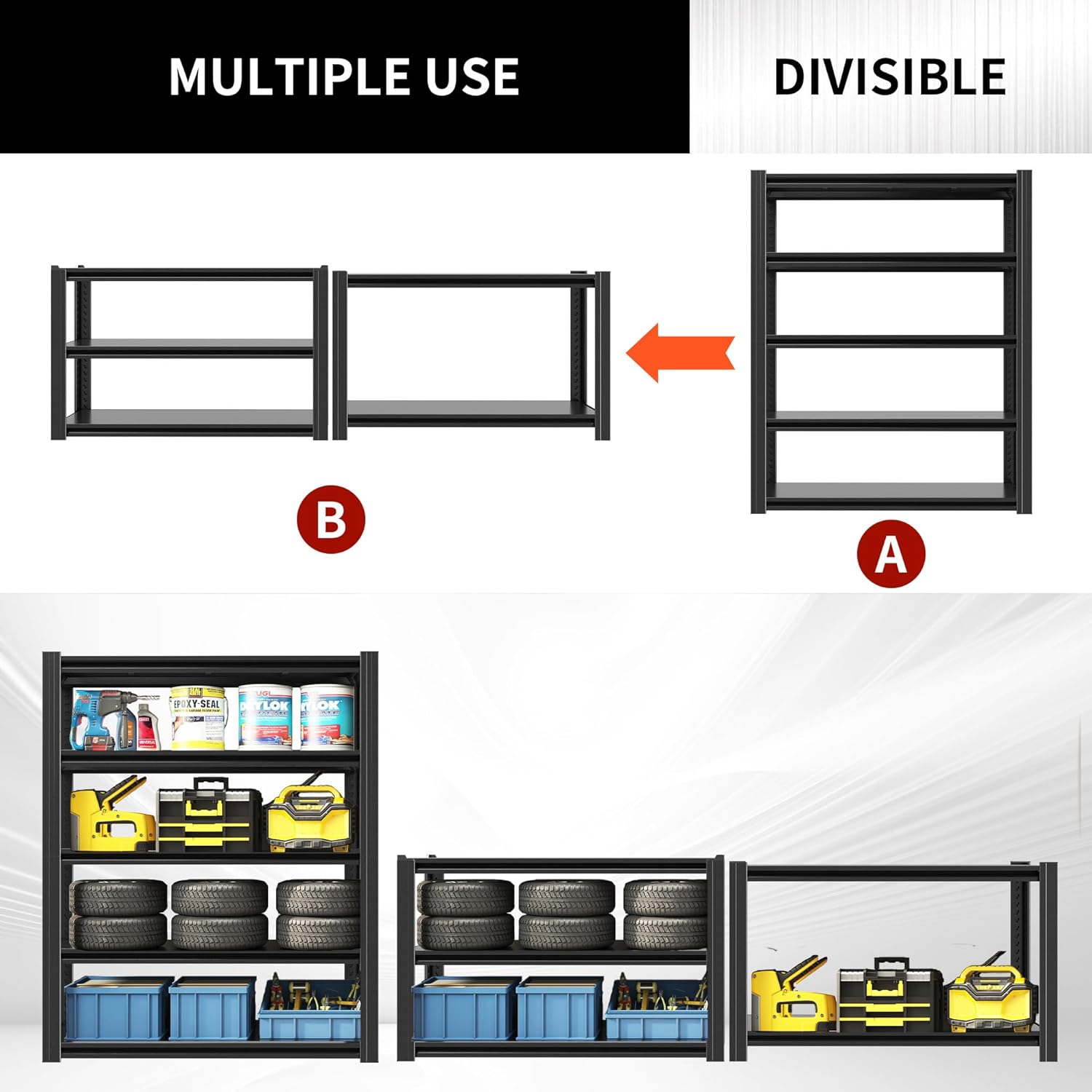 72" H Garage Shelving 2500 LBS Heavy Duty Storage Shelves, Adjustable 5 Tier Metal Shelving Unit, Metal Racks for