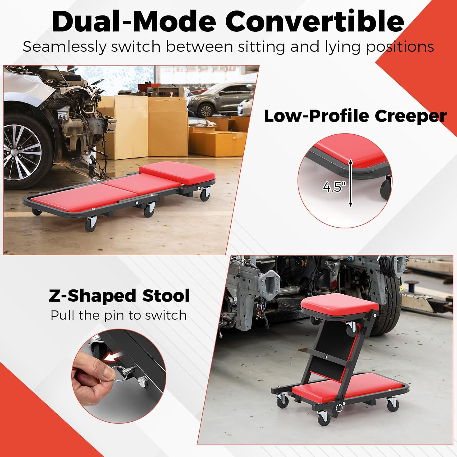40" Z Garage Creeper, 2-in-1 Folding Creeper with Padded Seat & 6 Wheels, Low Profile Mechanic Creeper Seat