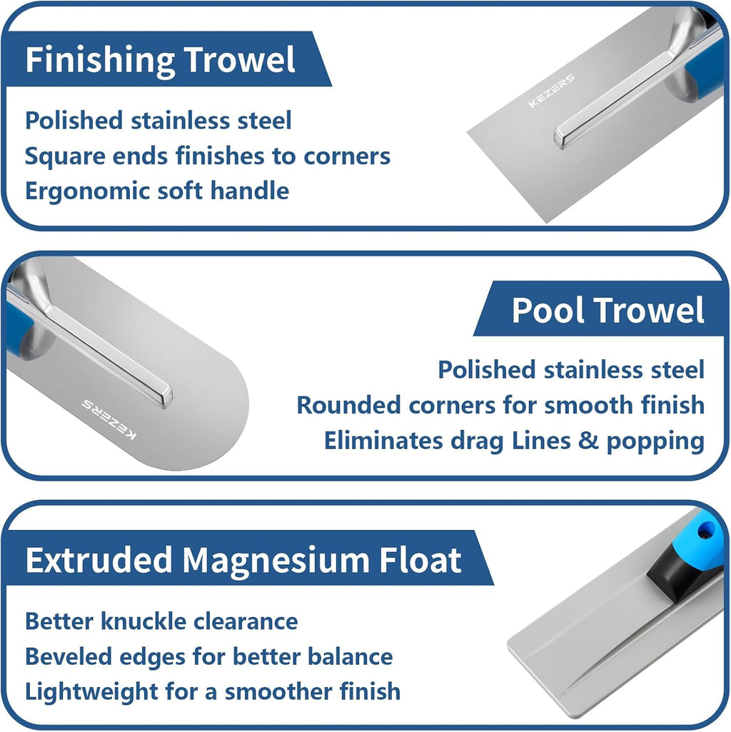 8-in-1 Concrete Finishing Tools Kit: Magnesium Float, Finishing & Pool Trowel, Gauging & Brick Trowel, Concrete