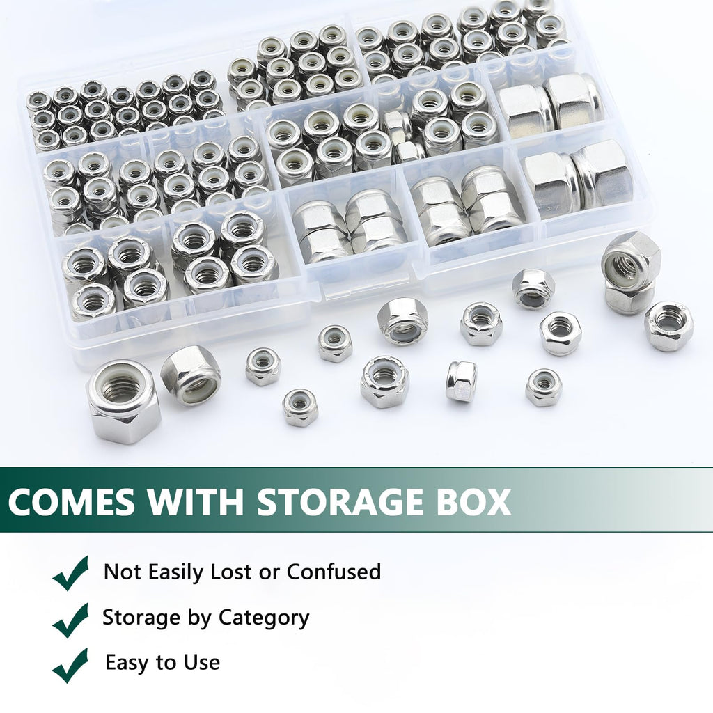 SAE Lock Nuts Assortment Kit, 220PCS Nylon Insert Lock Nut Sets