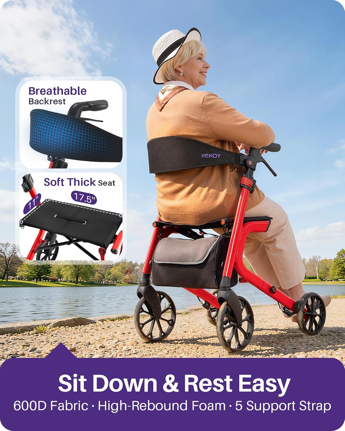 Rollator Walker for Seniors with Seat, Reinforced Aluminum Frame, 400 lbs Capacity, Foldable Walker, Hidden Brake