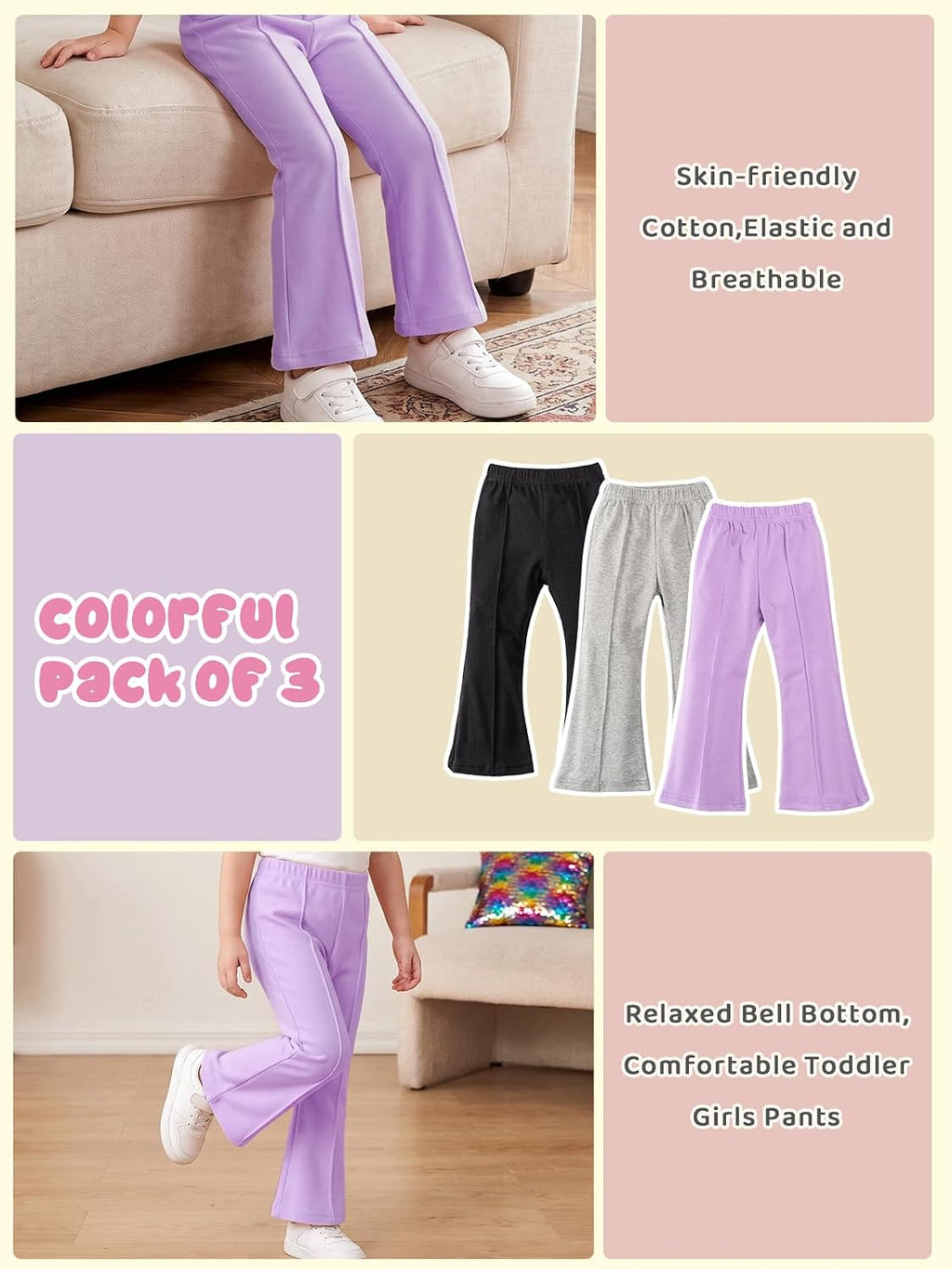 Toddler Girl Flare Pants 3 Pack Ruffle Ribbed Baby Bell Bottoms Slub Cotton Solid Elastic Waist Trousers