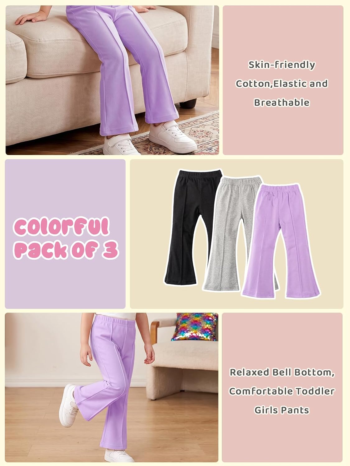 Toddler Girl Flare Pants 3 Pack Ruffle Ribbed Baby Bell Bottoms Slub Cotton Solid Elastic Waist Trousers