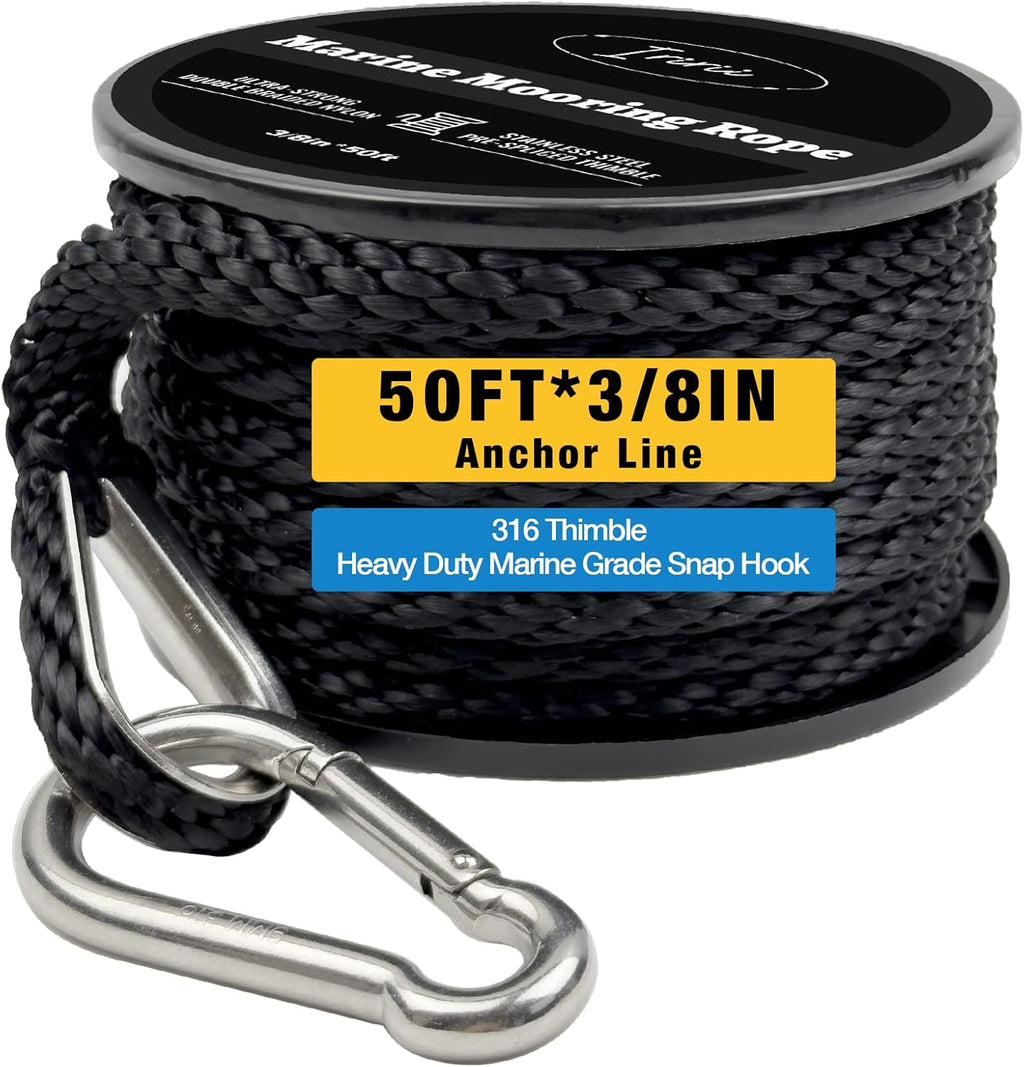 50 Feet Double Braided Nylon Boat Anchor Rope 3/8inch with 316 Stainless Steel Thimble and Heavy Duty Snap Hook