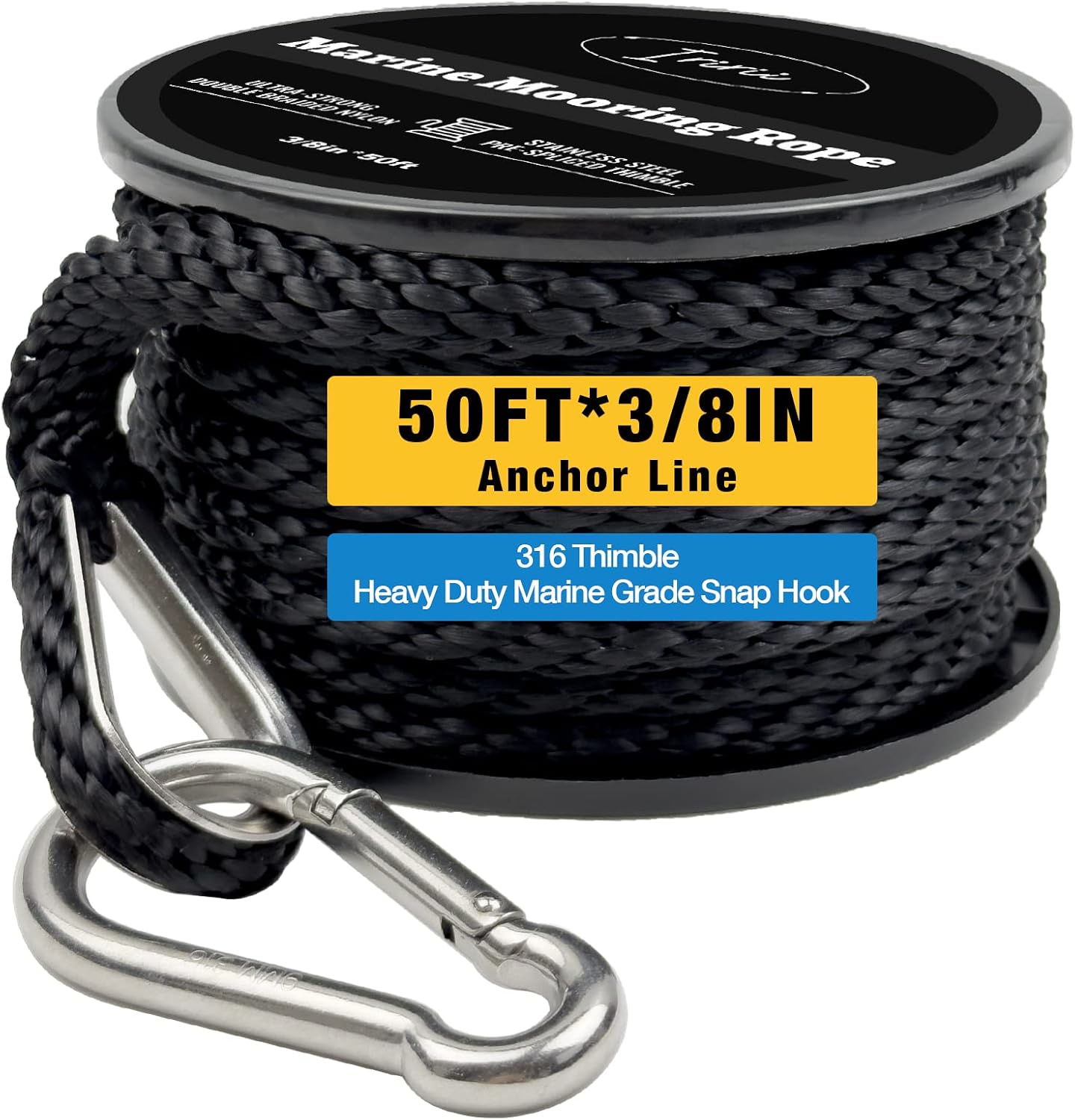 50 Feet Double Braided Nylon Boat Anchor Rope 3/8inch with 316 Stainless Steel Thimble and Heavy Duty Snap Hook