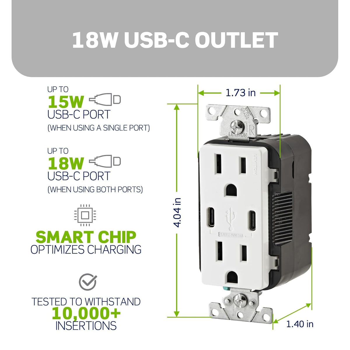 Leviton Decora 18W USB-C Wall Outlet, 15A TR Receptacle UCC15-W White