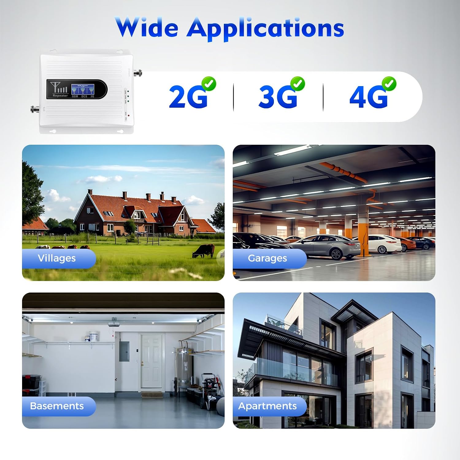 Cell Phone Signal Booster, GSM DCS WCDMA 900/1800/2100MHz Band Signal Amplifier Kit with Indoor Outdoor Antenna