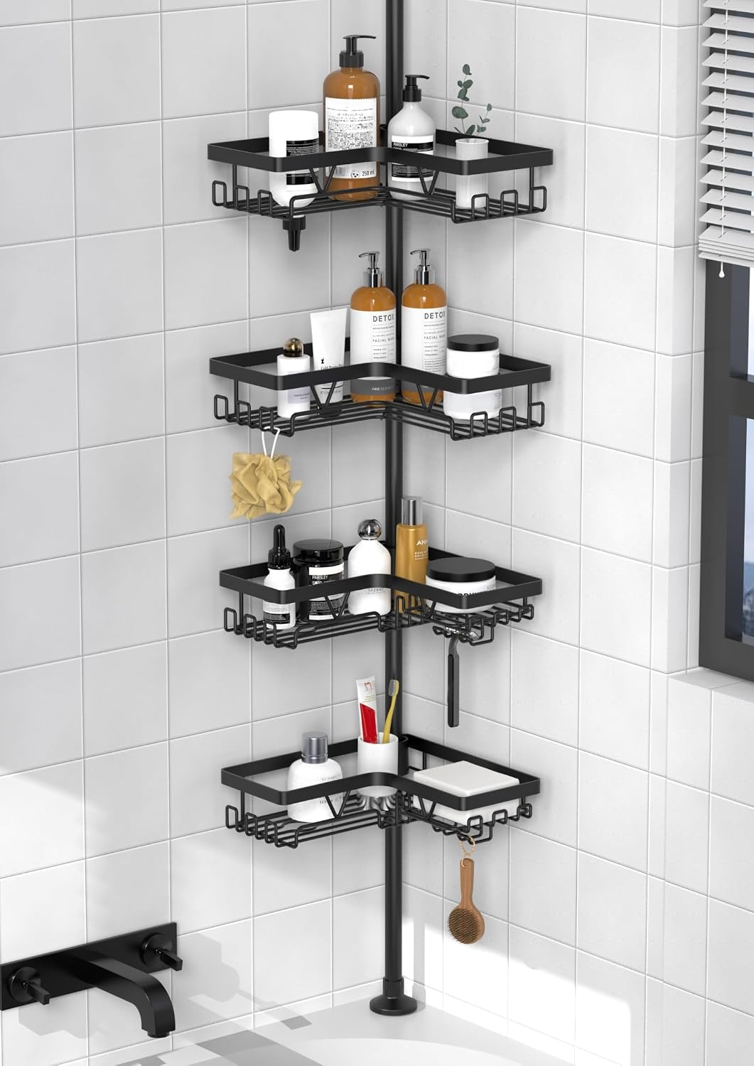 Corner Shower Caddy Tension Pole, Large Capacity Bathroom Organizer | 28 Hooks with Soap and Razor Holders, Heavy