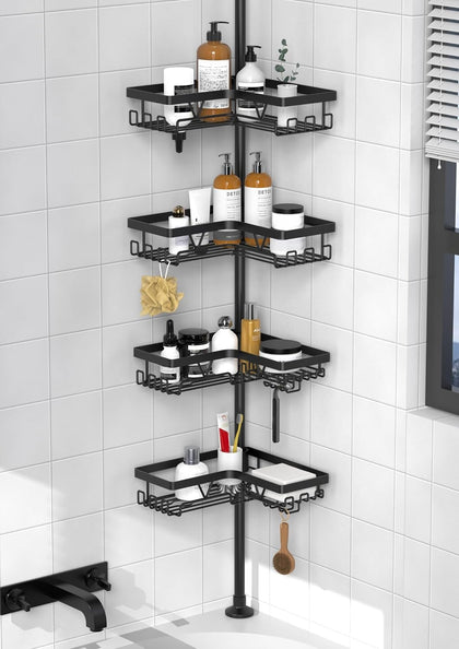 Corner Shower Caddy Tension Pole, Large Capacity Bathroom Organizer | 28 Hooks with Soap and Razor Holders, Heavy
