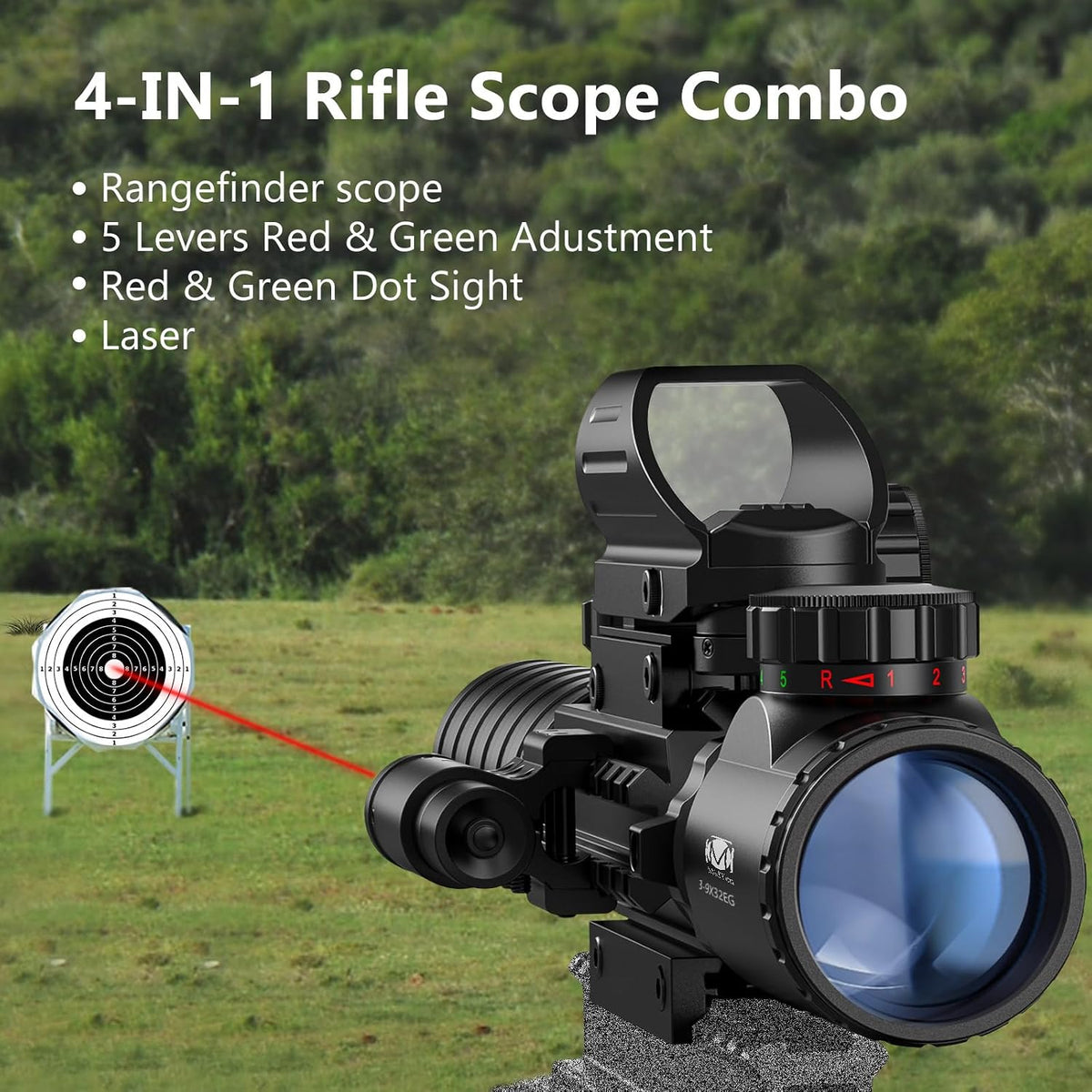 3-9x32 Scope Combo with Dual Illuminated Scope Optics & 4 Holographic Reticle Red/Green Dot Sight & IIIA/2MW Laser