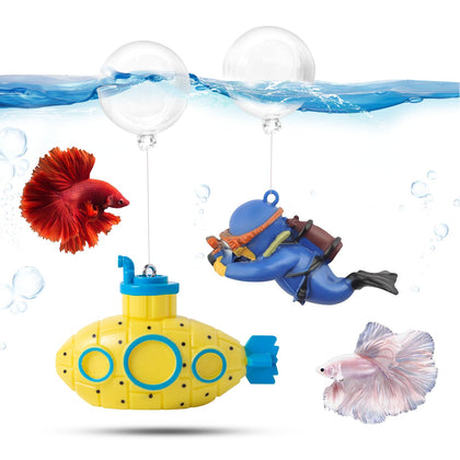 2.1 in Mini Floating Submarine Fish Tank Decoration Set，Cute Retro Submarine Set and Floating Diver,Aquarium