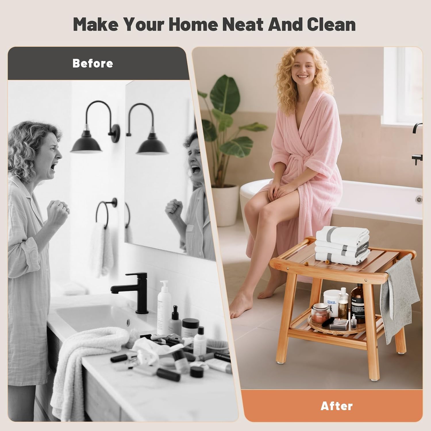 Bamboo Shower Bench for Inside Shower to Sit on,Waterproof Shower Stool for Shaving Legs,Spa Bathroom Shower Chair