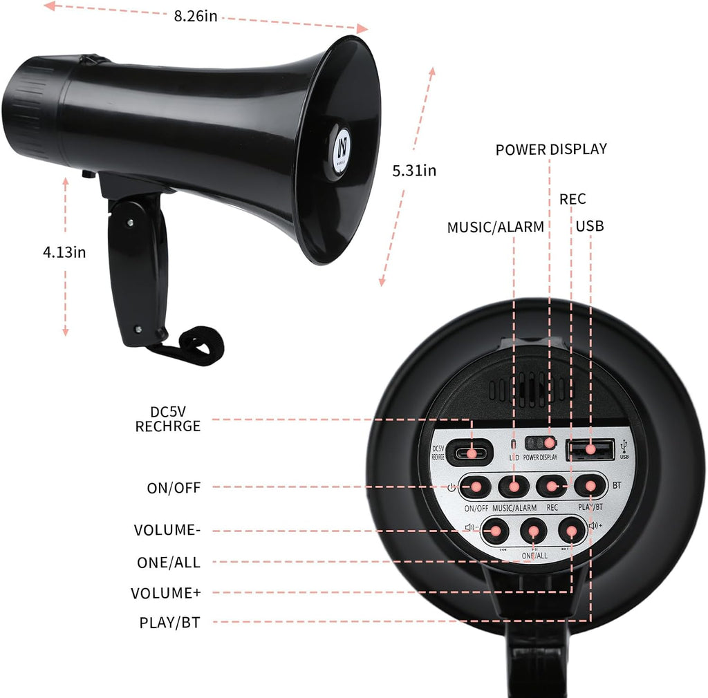 20 Watt Rechargeable Megaphone Bullhorn with Siren and 240s Recording, BT and USB Input, Megahone Speaker with Power