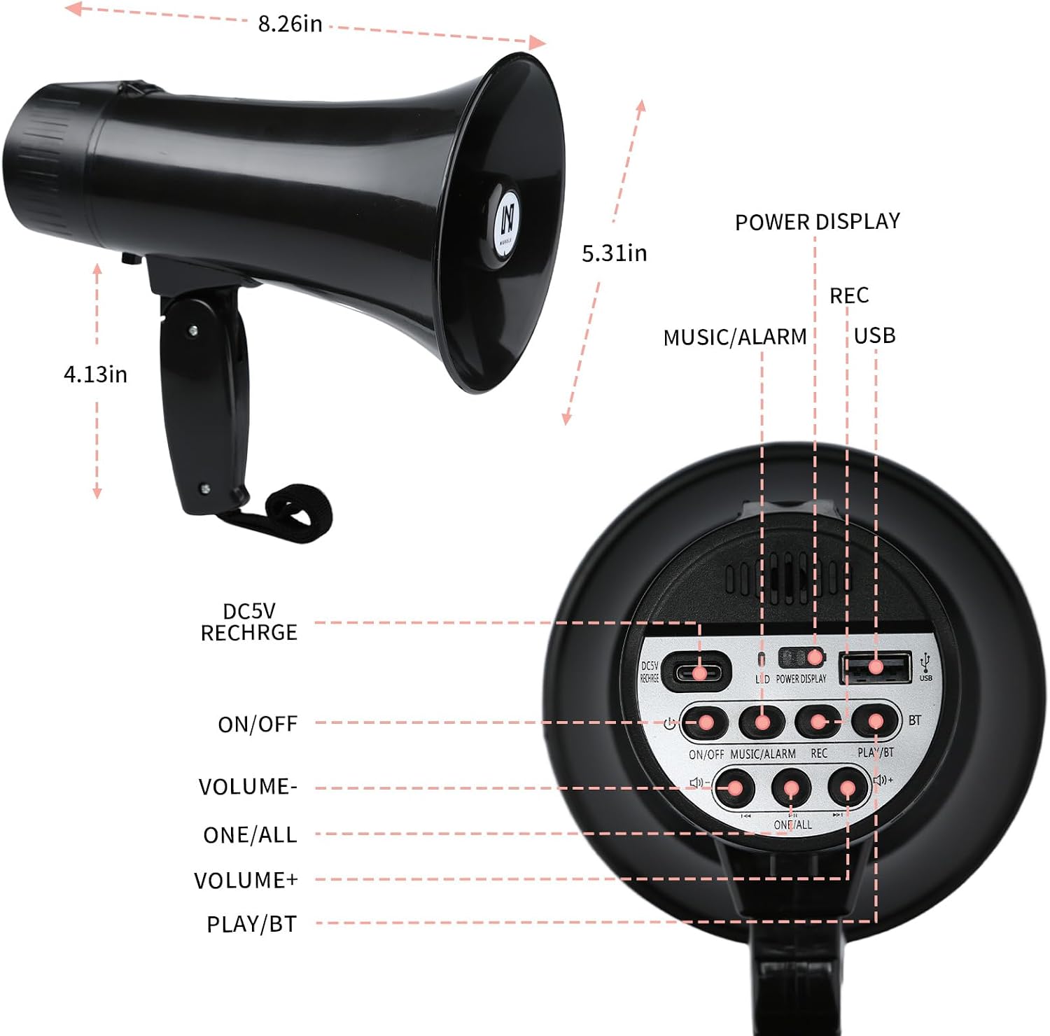 20 Watt Rechargeable Megaphone Bullhorn with Siren and 240s Recording, BT and USB Input, Megahone Speaker with Power