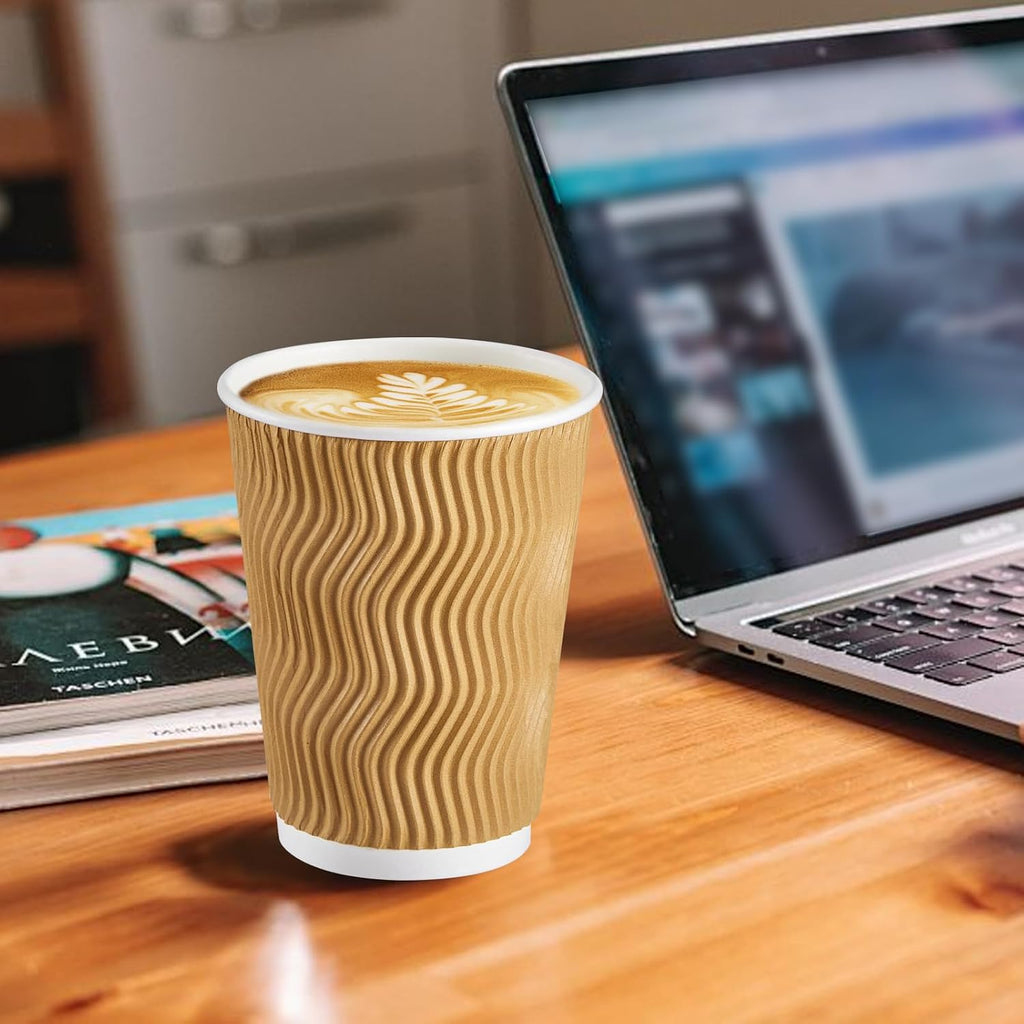 150 Pack 12 oz Disposable Coffee Cups, Insulated Corrugated Paper Cups