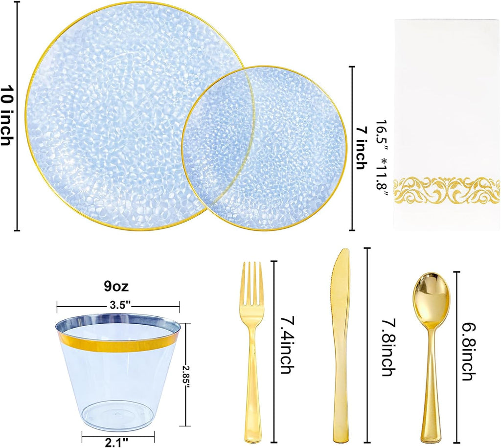350 Pcs Clear Blue Plastic Plates, Blue Gold Plastic Dinnerware Set (50 Guests), Blue Disposable Plates With Gold