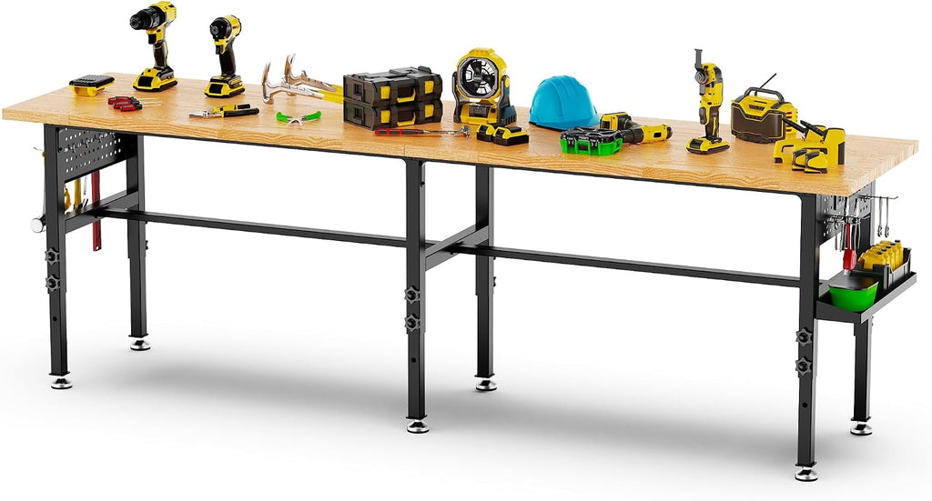 96" Adjustable Workbench with Side Pegboard, 2000lbs Heavy Duty Solid Wood Top Garage Work Table with Power Outlet
