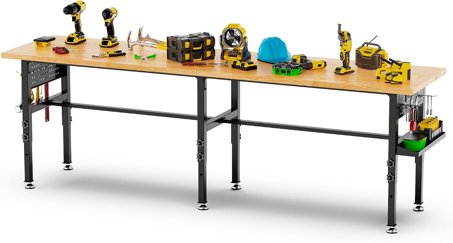 96" Adjustable Workbench with Side Pegboard, 2000lbs Heavy Duty Solid Wood Top Garage Work Table with Power Outlet