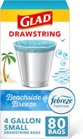 Small Trash Bags 4 Gallon, Febreze Beachside Breeze Garbage Bags, Odor Resistant with Drawstring, 80 Count