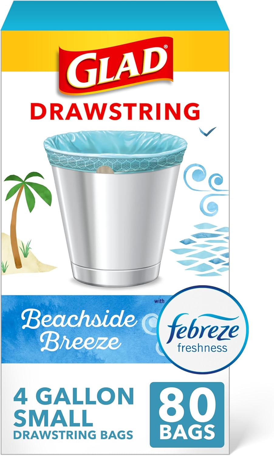 Small Trash Bags 4 Gallon, Febreze Beachside Breeze Garbage Bags, Odor Resistant with Drawstring, 80 Count