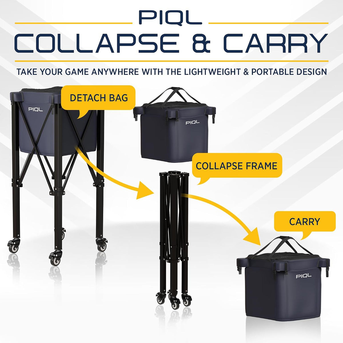 Navy Blue Pickleball Ball Caddy - Wheeled Cart, Storage Bag - 100 pickleball capacity - Tennis Ball Hopper