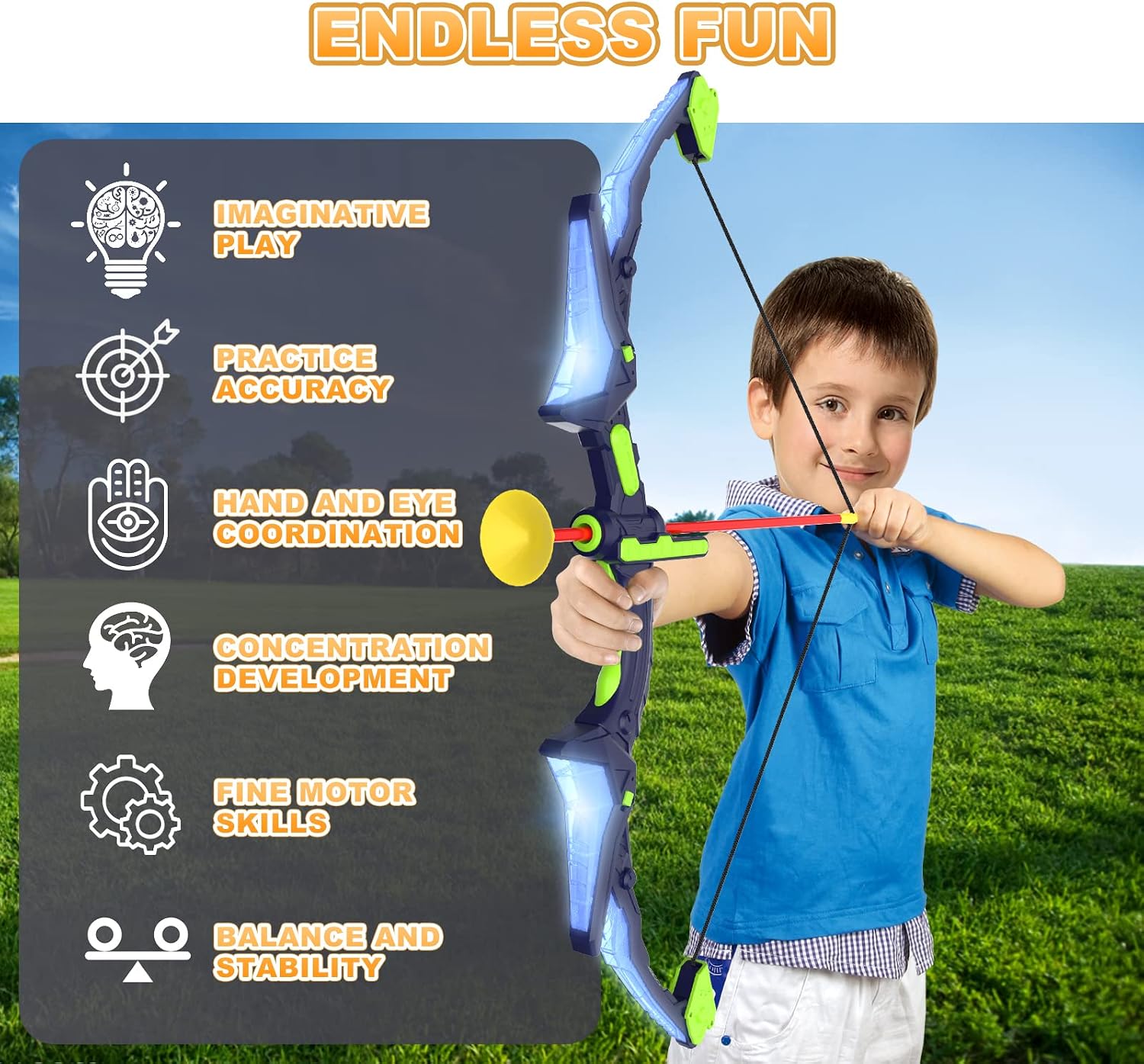 2 Pack Kids Bow and Arrow Set with LED Flash Lights, 14 Suction Cup Arrows and Fluorescence Standing Target-Perfect
