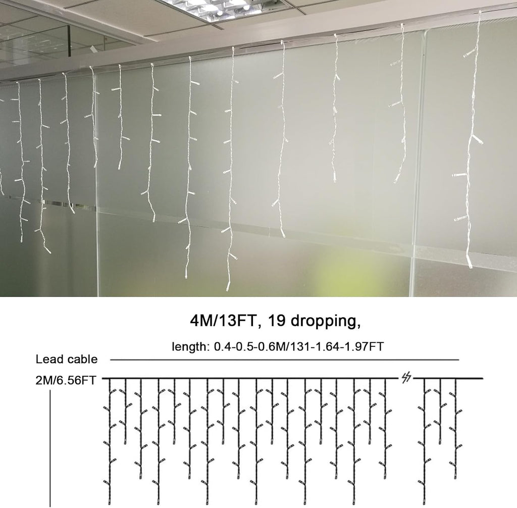 LED Icicle Lights, 96 LEDs 13FT 8 Modes Curtain Extendable Fairy Christmas Ceiling Dangling Hanging Twinkle Memory