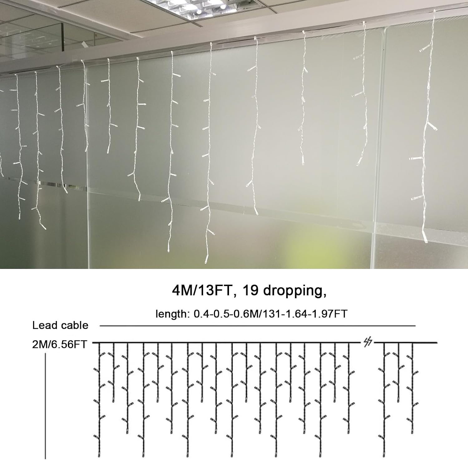 LED Icicle Lights, 96 LEDs 13FT 8 Modes Curtain Extendable Fairy Christmas Ceiling Dangling Hanging Twinkle Memory
