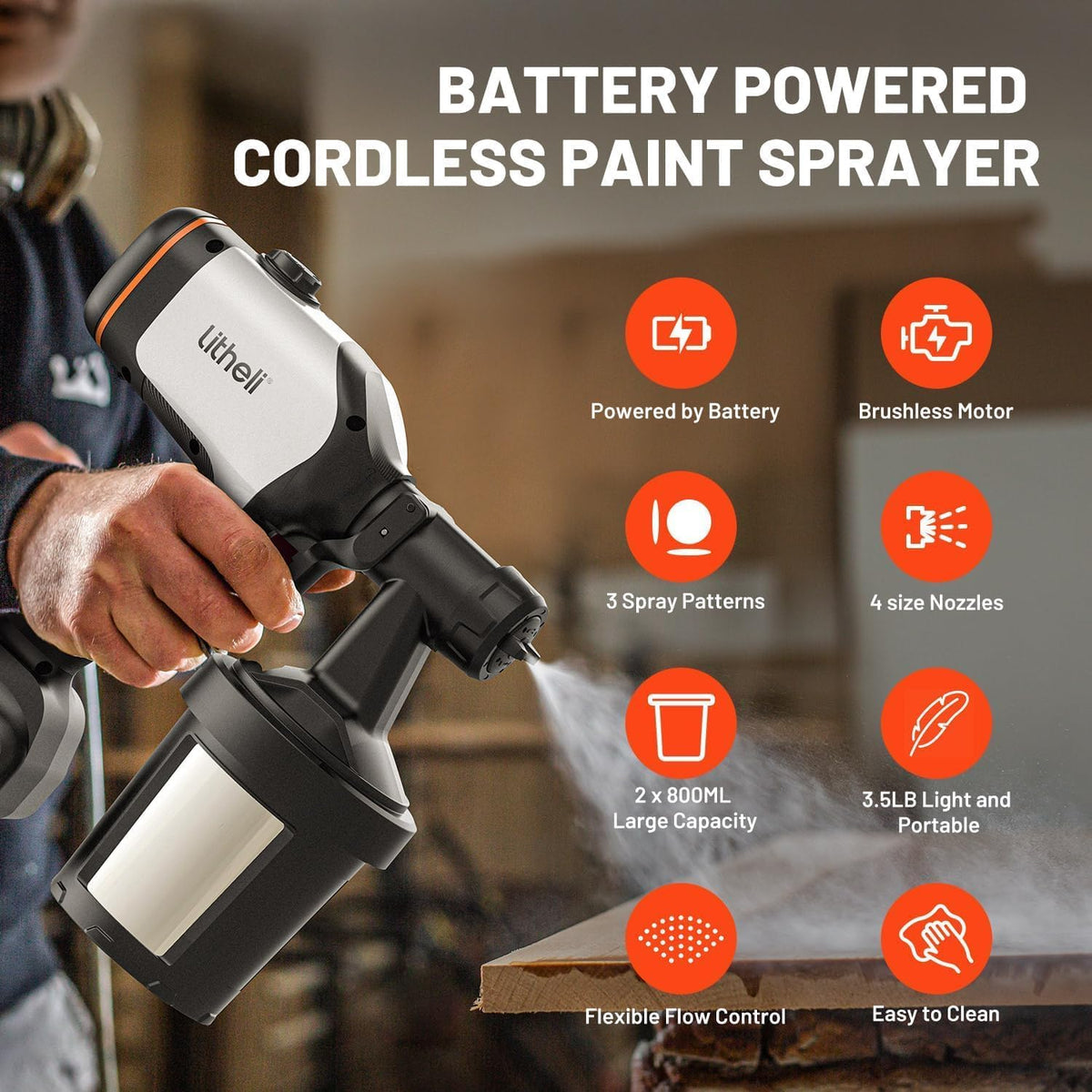 800W Brushless Paint Sprayer, 20V 4.0Ah Cordless Hand Held Paint Sprayer for House Painting, 1100ml/min High Power