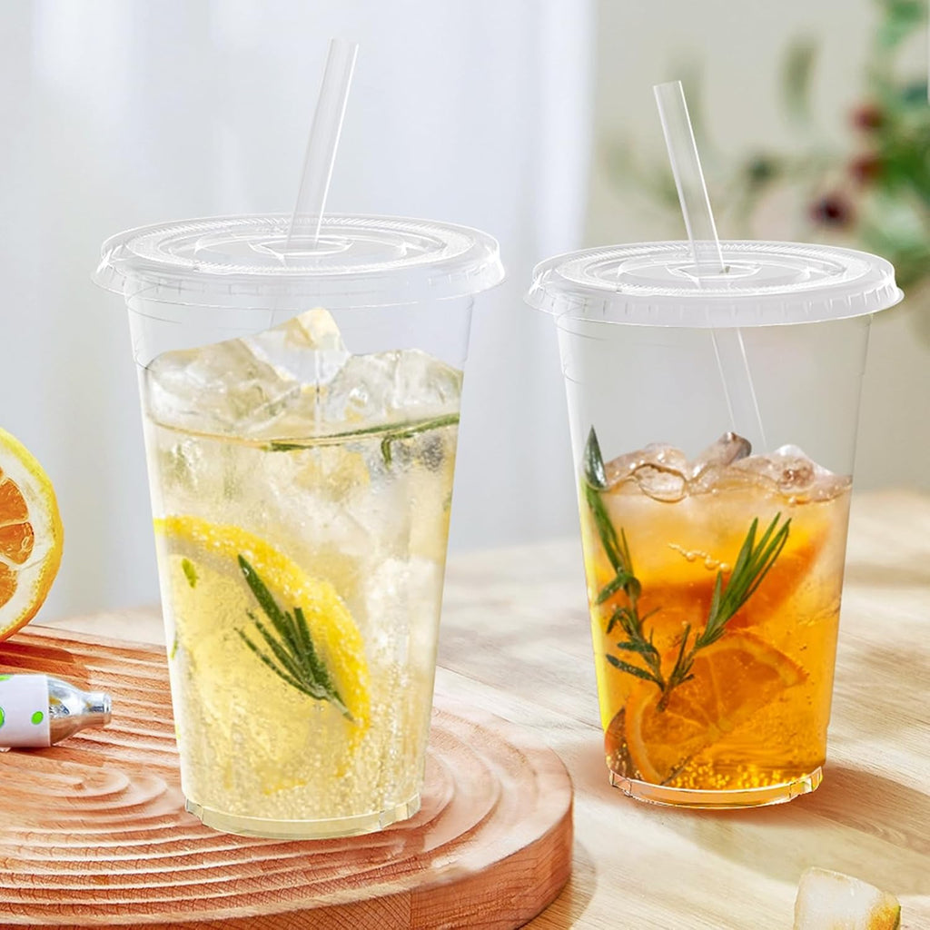 100 Pack - 24 oz Clear Plastic Cups with Lids and Straws