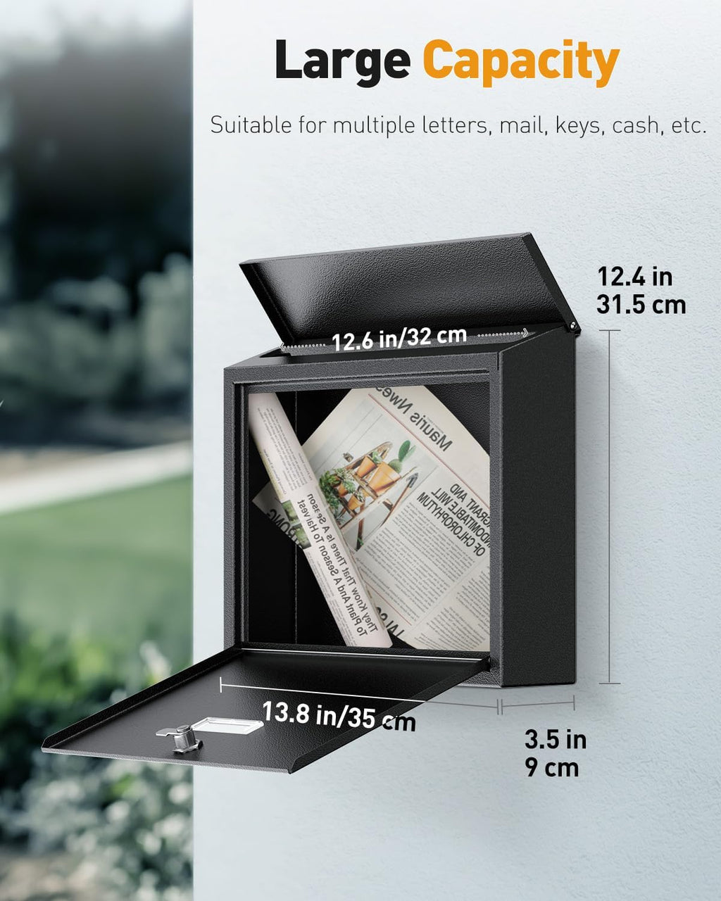 Wall Mount Mailbox for Outside, Large Mailbox with Key Lock | Security Mail Box, Postbox for House, Safe Key Drop