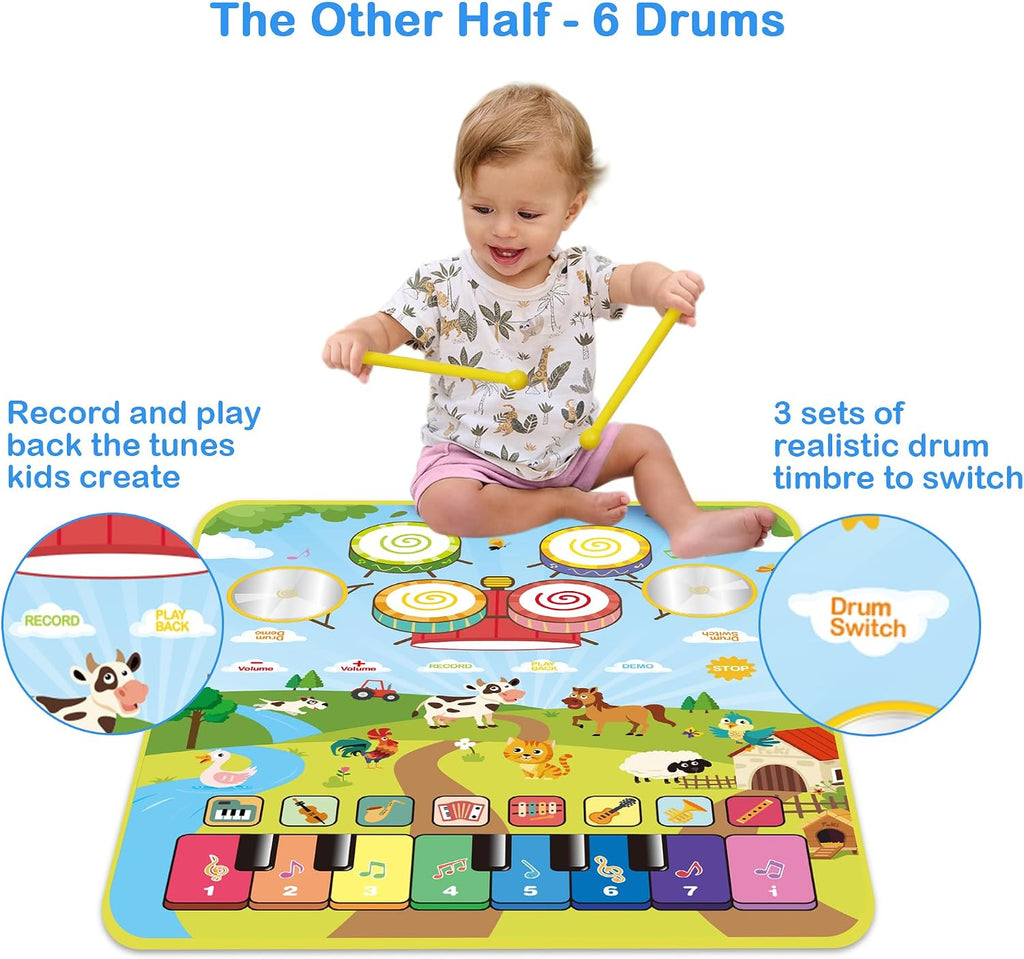 Musical Toys for Toddlers 1-3, Floor Piano Mat for Baby Boy Girl Gifts | 35”x27” 3-in-1 Drum Animal Music Play Mat