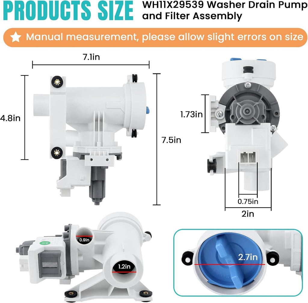 WH11X29539 Washer Drain Pump Filter Compatible for G-E Front Load Washing Machine Pump PD00094541 WH11X39237 AP8054992 PS16217203 EAP16217203 B25-3A04 PD00065822 Replacement by MIFLUS
