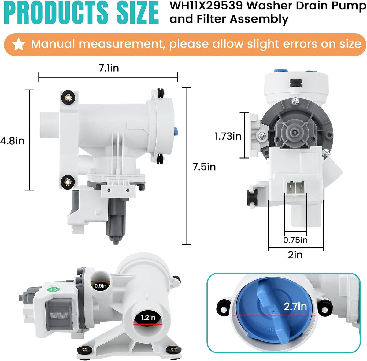 WH11X29539 Washer Drain Pump Filter Compatible for G-E Front Load Washing Machine Pump PD00094541 WH11X39237 AP8054992 PS16217203 EAP16217203 B25-3A04 PD00065822 Replacement by MIFLUS