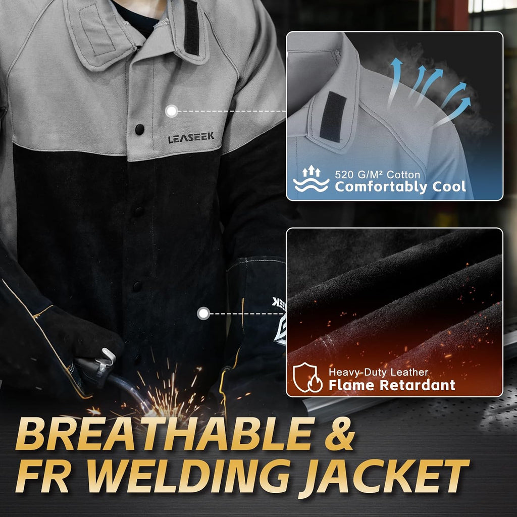 Welding Jacket Leather Sleeves Flame Resistant Hybrid Welder Jacket | Cotton & Leather Welder Coat