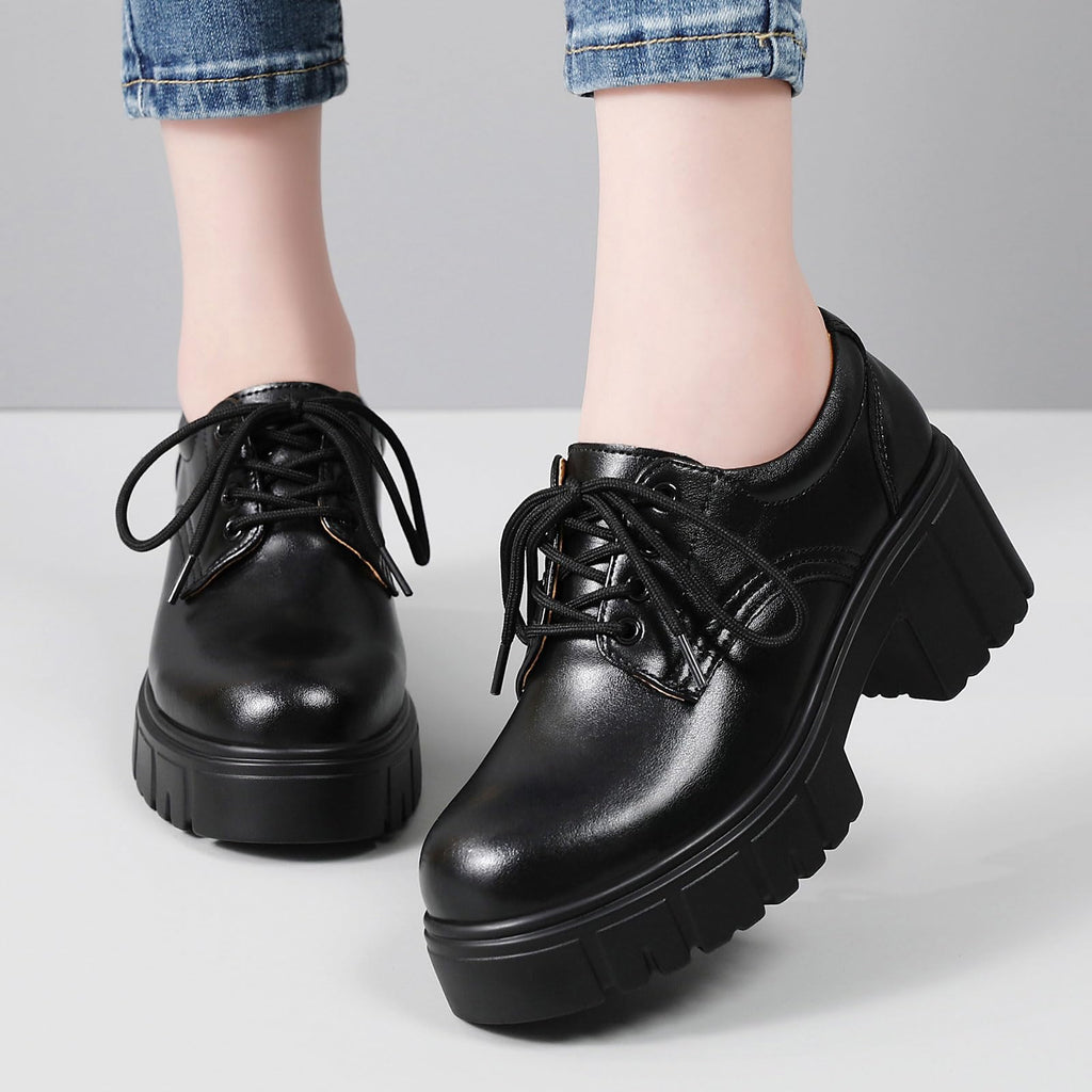 Platform Oxfords for Women Chunky Heel Lace-Up Black Leather Dress Shoes