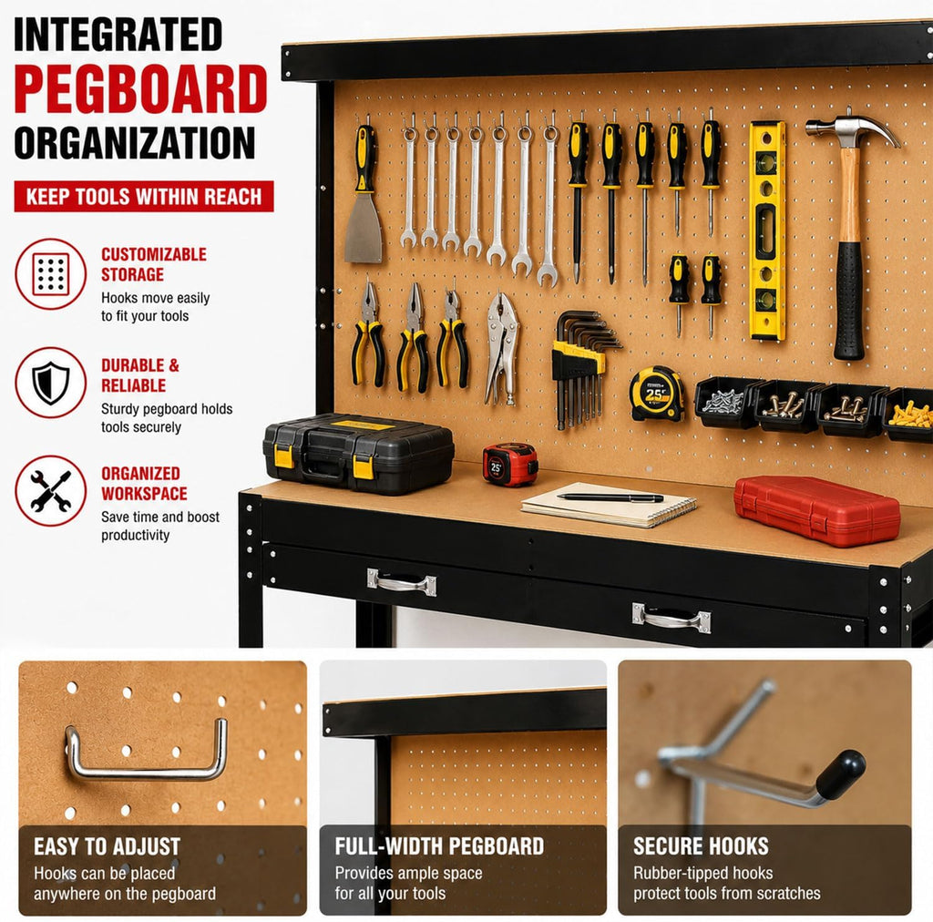 63" Heavy Duty Workbench with Peg Board, Drawer & Storage Shelf, Steel Workshop Tool Table with MDF Top for Garage